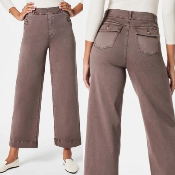 SPANX Pants - SPANX Stretch Twill Wide Leg Crop Pants High Rise Mauve Brown Small